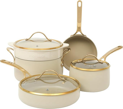 Oprah's Favorite Things - 8 Piece Pots and Pans Heavy Duty Aluminum Premium PFA Free Ceramic Nonstick Dutch Oven Pot w/Lid - Almond Cream w/Gold Handle