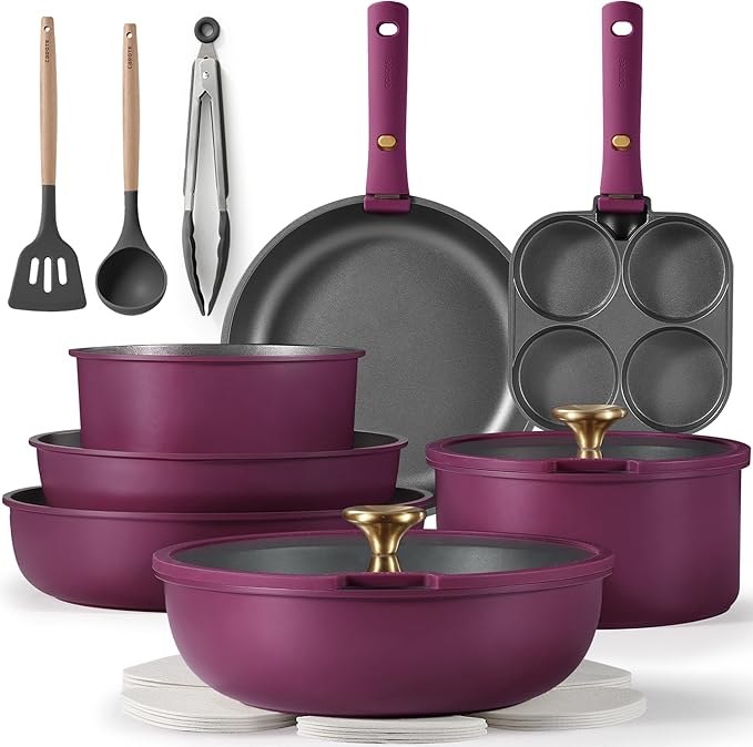CAROTE 19pcs Pots and Pans Set, Nonstick Cookware Set Detachable Handle, Induction Kitchen Cookware Sets Non Stick with Removable Handle, RV Cookware Set, Gold and Purple