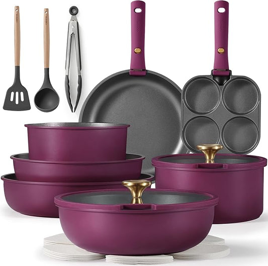 CAROTE 19pcs Pots and Pans Set, Nonstick Cookware Set Detachable Handle, Induction Kitchen Cookware Sets Non Stick with Removable Handle, RV Cookware Set, Gold and Purple