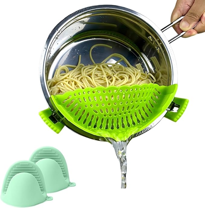 Clip on Strainer Silicone with 1 Pair Silicone Glove | Versatile for All Pans and Pots,Pasta Noodle Pot Strainer Silicone for Vegetables Meat Fruit,Food Strainers(Green)