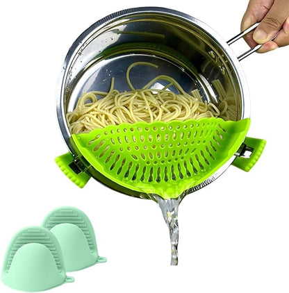 Clip on Strainer Silicone with 1 Pair Silicone Glove | Versatile for All Pans and Pots,Pasta Noodle Pot Strainer Silicone for Vegetables Meat Fruit,Food Strainers(Green)