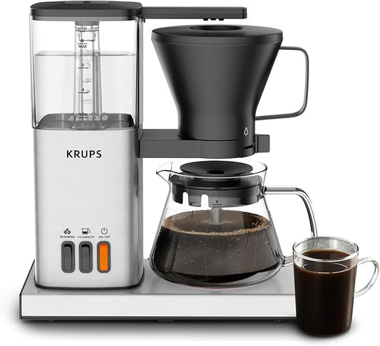 KRUPS Essential Brewer 8 Cup Drip Coffee Maker Machine SCA-Certified, Blooming Technology, Barista-Quality, Pour-Over Coffee Machine, Easy to Clean Dishwasher Safe,Stainless Steel Design, Silver