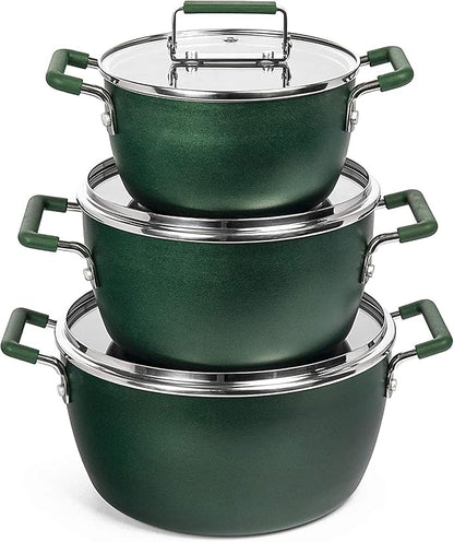 Granitestone Green Pots and Pans Set Nonstick, 6 Stackable Piece Cooking Pots Set, Kitchen Pots, Non Stick Coating, 5qt 3qt & 1.5qt Pots with Lids, Stay Cool Handles Dishwasher Safe 100% Toxin Free