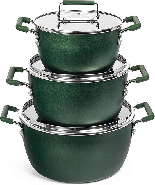 Granitestone Green Pots and Pans Set Nonstick, 6 Stackable Piece Cooking Pots Set, Kitchen Pots, Non Stick Coating, 5qt 3qt & 1.5qt Pots with Lids, Stay Cool Handles Dishwasher Safe 100% Toxin Free