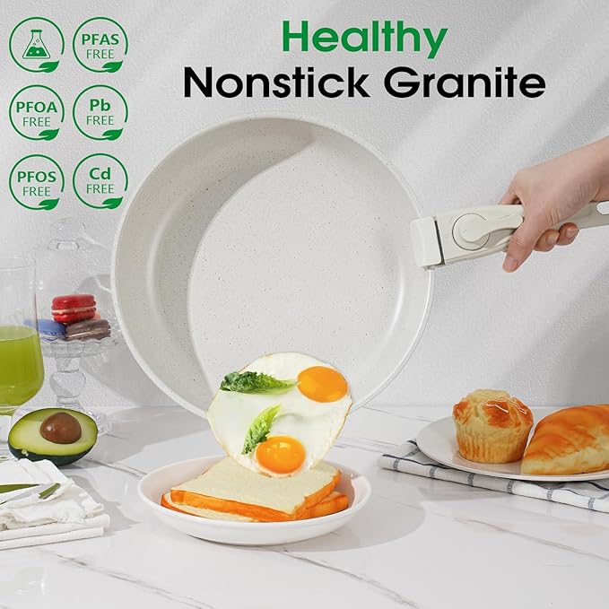 15Pcs Pots and Pans Set Non Stick, Cookware Sets with Detachable Handle, Nonstick RV Kitchen Cooking Tools Removable Handles, Oven Safe, Induction Fast, Stackable Induction Cookware, White