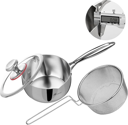 3 Qt Tri-Ply Stainless Steel Saucepan with Glass Strainer Lid 3 Quart Stainless Steel Sauce pan With Lid All Cooktops Compatible Saucier Pan Dishwasher and Oven Safe Dual Spout for Effortless Pouring