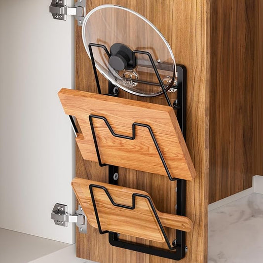 FEIZHI pot lid organizer Rack, 3-tier adjustable and removable Pot Lids Holder for Kitchen Cabinet Door/Wall, No Drilling Adhesive Wall/Door Mounted Rustproof pots and pans organizer under cabinet