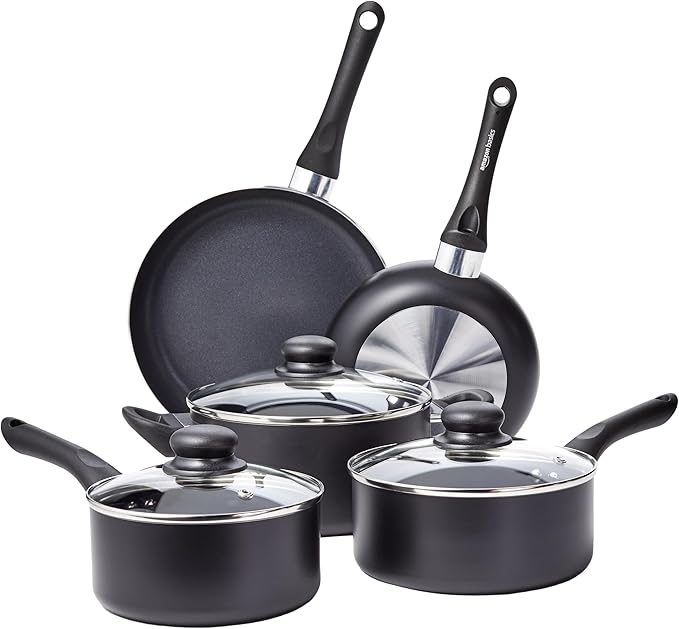 Basics Non Stick Kitchen Cookware 8-Piece Set, Non-Induction, Includes Pots and Pans, Black
