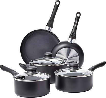 Basics Non Stick Kitchen Cookware 8-Piece Set, Non-Induction, Includes Pots and Pans, Black
