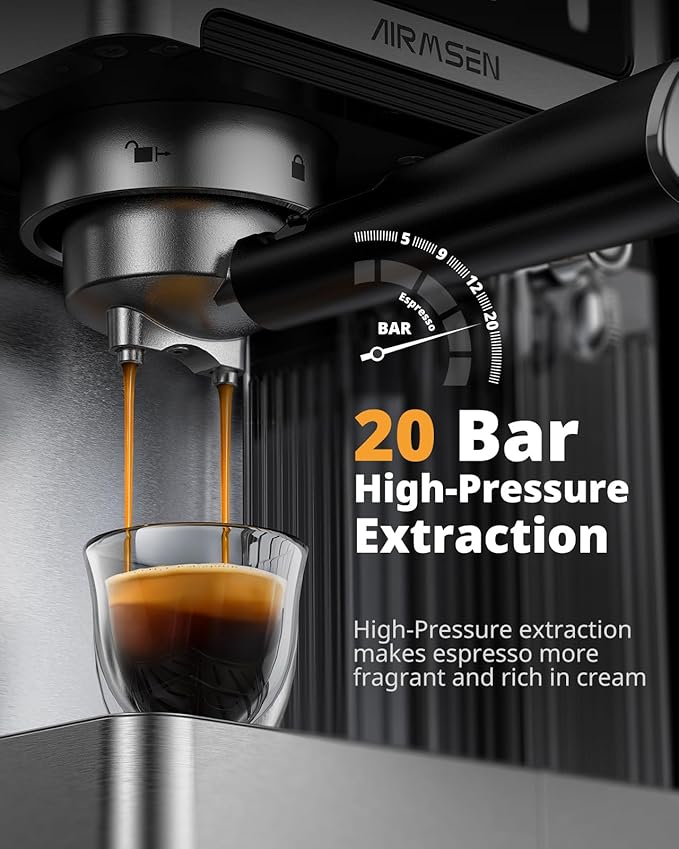 AIRMSEN 20 Bar Espresso Machine with Automatic Milk Frother for Home, Cappuccino & Latte Coffee Maker with Quick Brew Dual Boiler (1350W + 1000W), Stainless Steel, 60oz Water Tank, Touchscreen
