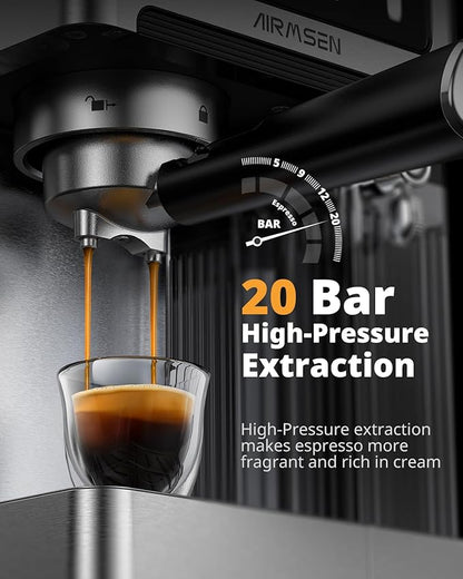 AIRMSEN 20 Bar Espresso Machine with Automatic Milk Frother for Home, Cappuccino & Latte Coffee Maker with Quick Brew Dual Boiler (1350W + 1000W), Stainless Steel, 60oz Water Tank, Touchscreen