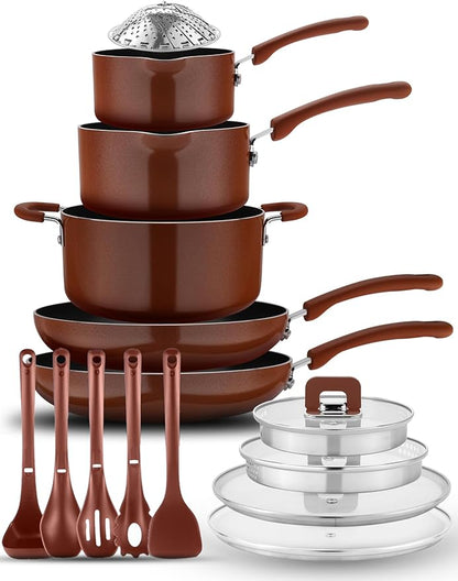 NutriChef 17pcs Brown Stackable Pots and Pans Set, Nonstick Induction Cookware, Space Saving Cookware, Easy Clean, Ideal For RV and Camper, Includes a Foldable Steamer Basket and Cooking Utensils