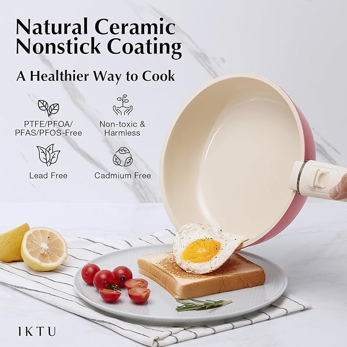 IKTU Ceramic Pots and Pans Set Non Stick Pink, 5Pcs Nonstick Cookware Set with Detachable Handle RV Camping Induction Kitchen Cookware Set Non Stick, PFAS PFOA & PTFE Free
