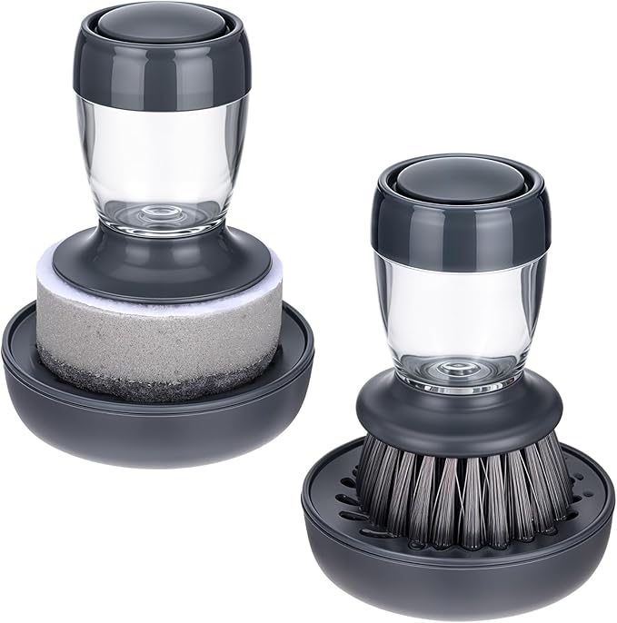 Dish Brush with Soap Dispenser, Kitchen Scrub Brush for Dishes Pots Pans Sink Cleaning, Dish Scrubber with Holder Set (2-Pack Combo Set)