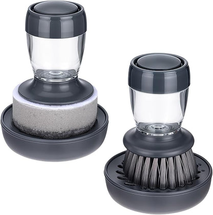 Dish Brush with Soap Dispenser, Kitchen Scrub Brush for Dishes Pots Pans Sink Cleaning, Dish Scrubber with Holder Set (2-Pack Combo Set)