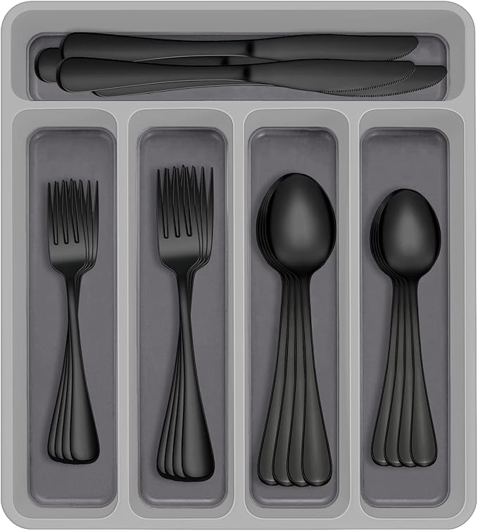 60-Piece Black Silverware Set with Organizer, AIVIKI Stainless Steel Flatware for 12, Cutlery Utensil Set for Home Restaurant, Tableware Includes Knife Fork Spoon Set, Mirror Polished