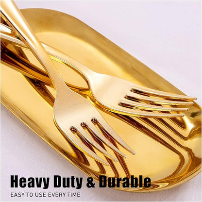 WDF300 Pieces Gold Plastic Silverware - Heavy Duty Disposable Gold Cutlery Set Plastic Gold Silverware Set Plastic Includes 100 Forks, 100 Spoons, 100 Knives for Party