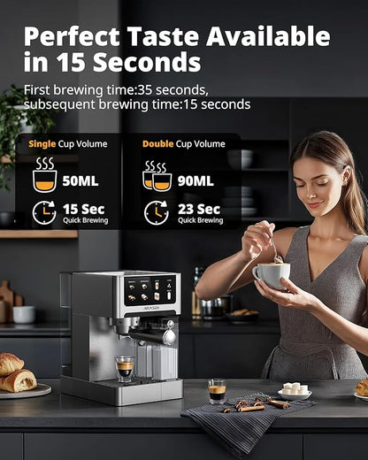 AIRMSEN 20 Bar Espresso Machine with Automatic Milk Frother for Home, Cappuccino & Latte Coffee Maker with Quick Brew Dual Boiler (1350W + 1000W), Stainless Steel, 60oz Water Tank, Touchscreen
