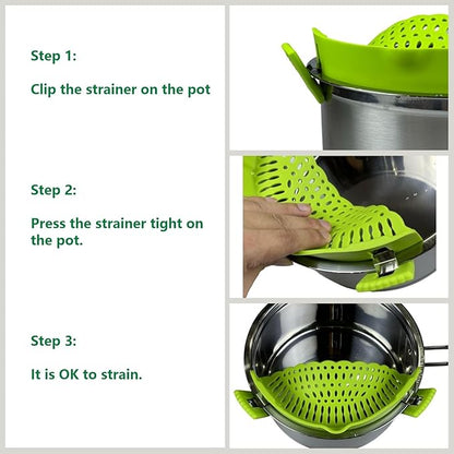 Clip on Strainer Silicone with 1 Pair Silicone Glove | Versatile for All Pans and Pots,Pasta Noodle Pot Strainer Silicone for Vegetables Meat Fruit,Food Strainers(Green)