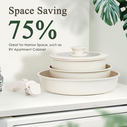 KIKCOIN 7 Pcs Pots and Pans Set Non Stick, Kitchen Cookware Set with 2 Detachable Handles &2 Lids, Non Toxic Induction RV Cooking Set with Removable Hand   les, Dishwasher/Oven Safe, Apartment Essentials