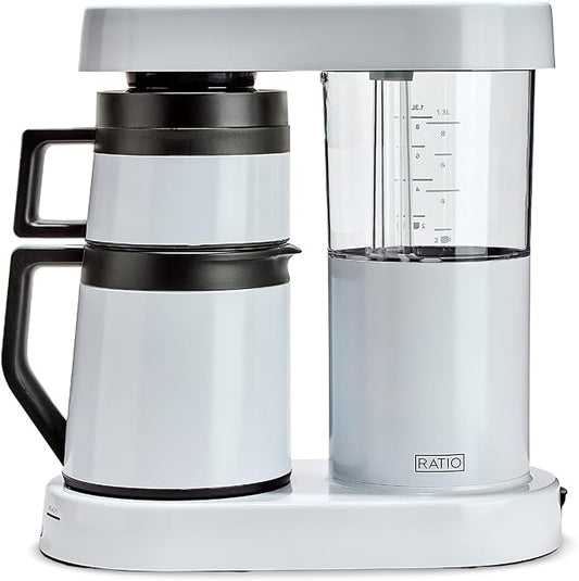Ratio Six Coffee Maker Series 2, Automatic Pour Over Coffee Maker, Coffee Pot with 1.25-Liter/40-Ounce Brewing Capacity, White, Makes 2-8 Cups, 6.75" D x 13.5" W x 14.25" H