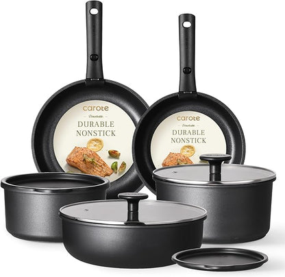 CAROTE Pots and Pans Set Non Stick, Cookware Set Detachable Handle, Nonstick Induction Kitchen Sets Non Stick with Removable Handle, RV Cook Ware, Oven Safe, Black