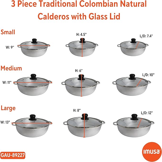 IMUSA Caldero Stock Pot with Glass Lid 3pc Set, 1.5/3.5/7 QT, Cast Aluminum, Perfect for Serving Large & Small Groups, Riveted Handles, Made in Colombia, Silver