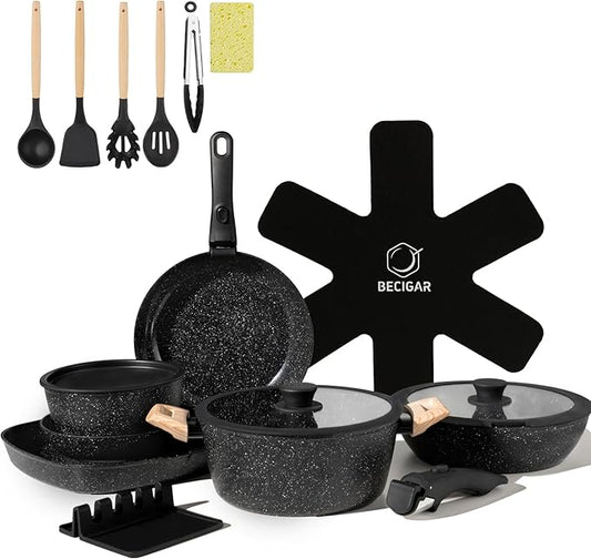 23PCS Ceramic Nonstick Cookware Set, Nonstick Detachable Handle Ceramic Cookware, Induction Kitchen Cooking Set with Removable Handle,include Frying Pans & Saucepans Oven Safe(Black)