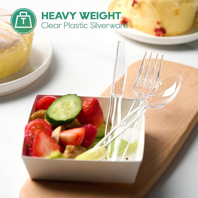 FOCUSLINE 360 Count Clear Plastic Silverware, 120 Forks, Knives and Spoons Each, BPA-Free, Heavy Duty Disposable Cutlery Set, Premium Disposable Flatware Plastic Utensils for Party Everyday Use