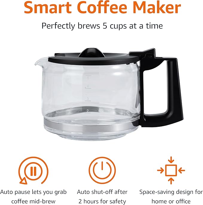 Basics 5 Cup Drip Coffee Maker, Coffee Machine with Glass Coffee Pot (0.8 Qt), Auto Shut-off, Auto Pause, Removable Filter Basket, Matte Black