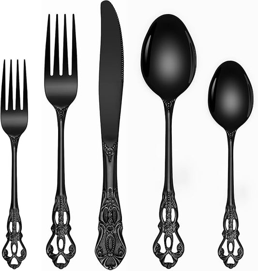 Black Silverware Set, Ollex 40-piece Retro Royal Black Silverware Set for 8 with Stainless Fork Spoons Knives Vintage Flatware Set for Kitchen Party Utensils Set, Dishwasher Safe