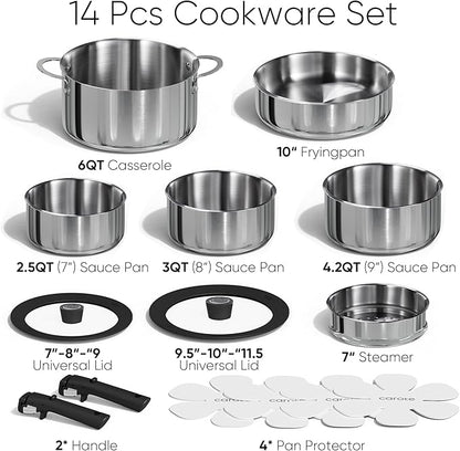 CAROTE 14pcs Pots and Pans Set, Stainless Steel Cookware Set Detachable Handle, Induction Kitchen Cookware Sets with Removable Handle, RV Cookware Set, Oven Safe, Camping Cookware, Black