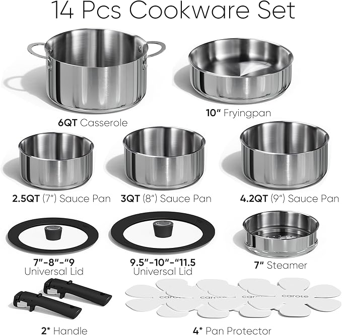 CAROTE 14pcs Pots and Pans Set, Stainless Steel Cookware Set Detachable Handle, Induction Kitchen Cookware Sets with Removable Handle, RV Cookware Set, Oven Safe, Camping Cookware, Black