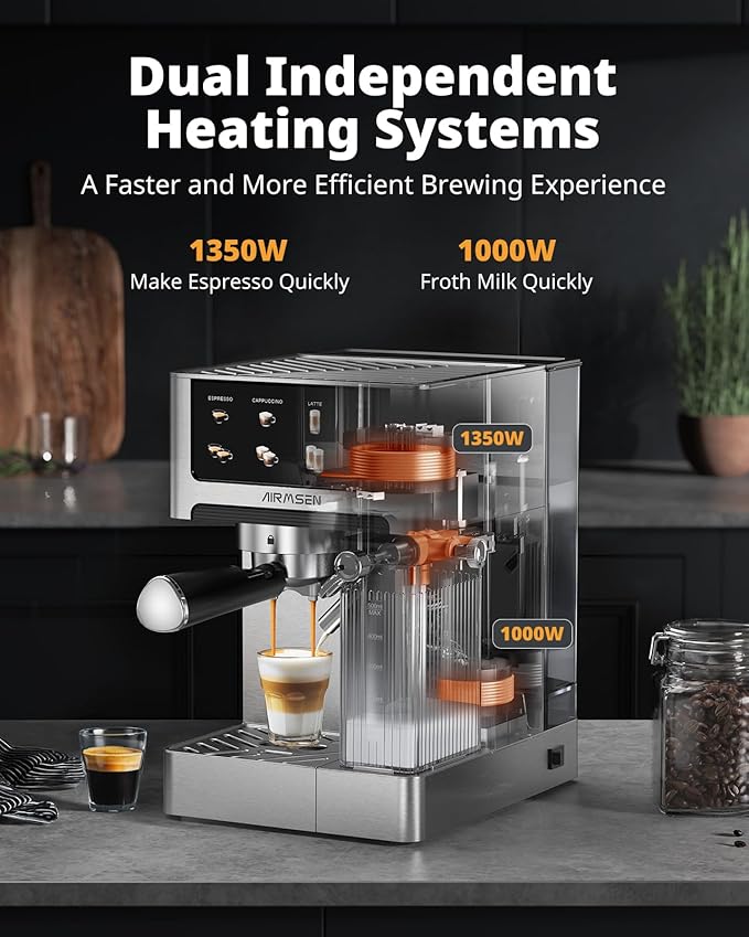 AIRMSEN 20 Bar Espresso Machine with Automatic Milk Frother for Home, Cappuccino & Latte Coffee Maker with Quick Brew Dual Boiler (1350W + 1000W), Stainless Steel, 60oz Water Tank, Touchscreen
