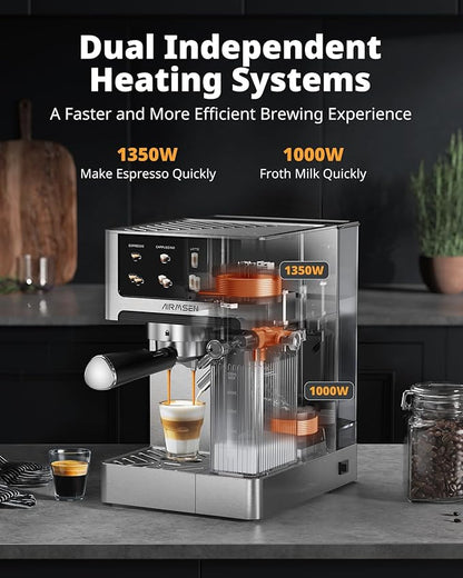 AIRMSEN 20 Bar Espresso Machine with Automatic Milk Frother for Home, Cappuccino & Latte Coffee Maker with Quick Brew Dual Boiler (1350W + 1000W), Stainless Steel, 60oz Water Tank, Touchscreen