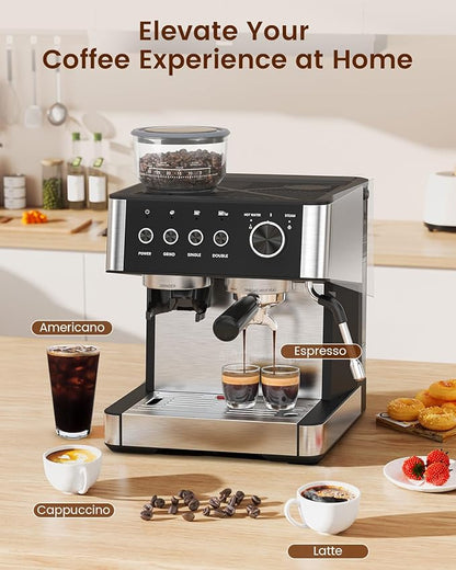 Espresso Machine with Grinder, 20 Bar Expresso Coffee Machines with Milk Frother Steam Wand, Professional Espresso Maker with Removable Water Tank, Cappuccino & Latte Machine for Home