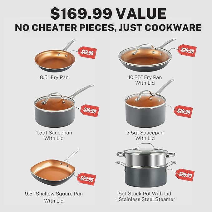 Gotham Steel 12 Pc Ceramic Pots and Pans Set Non Stick, Kitchen Cookware Sets, Pot and Pan Set, Ceramic Cookware Set, Non Toxic Cookware Set, Non Stick Pots and Pan Set, Oven Dishwasher Safe - Copper