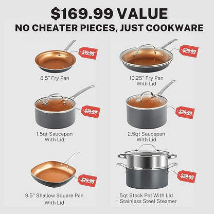 Gotham Steel 12 Pc Ceramic Pots and Pans Set Non Stick, Kitchen Cookware Sets, Pot and Pan Set, Ceramic Cookware Set, Non Toxic Cookware Set, Non Stick Pots and Pan Set, Oven Dishwasher Safe - Copper