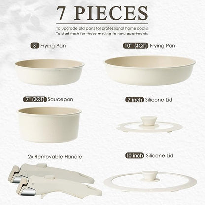 KIKCOIN 7 Pcs Pots and Pans Set Non Stick, Kitchen Cookware Set with 2 Detachable Handles &2 Lids, Non Toxic Induction RV Cooking Set with Removable Hand   les, Dishwasher/Oven Safe, Apartment Essentials
