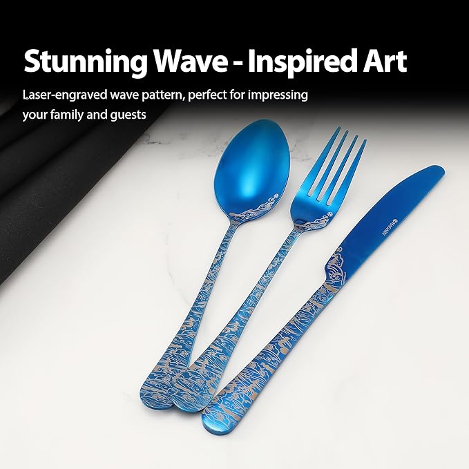 Blue Wave Cutlery Set 20 Pieces Stainless Steel Flatware Set Service for 4 Utensils For Home Kitchen Wedding Laser Engraved Dishwasher Safe All Blue