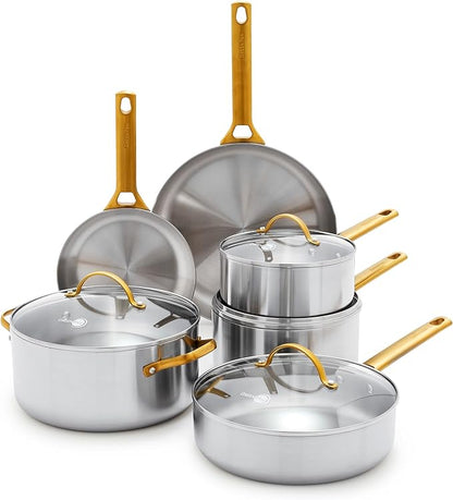 GreenPan Stainless Steel Tri-Ply Reserve 10 Piece Cookware Pots and Pans Set, Multiclad, PFAS-Free, Induction, Oven & Broiler Safe to 600°F, Heat Responsive Core, Dishwasher Safe, Glass Lids