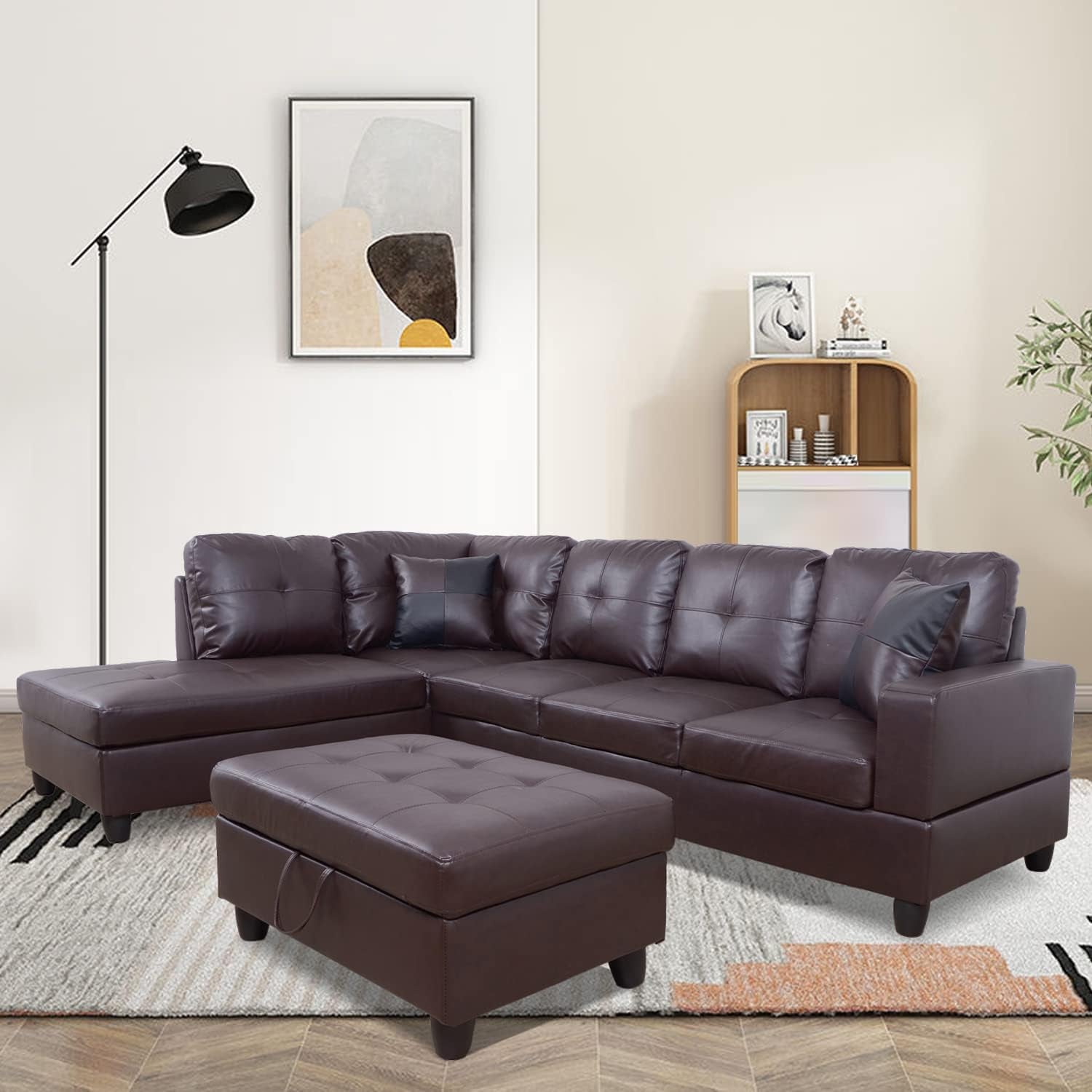 Ponliving Furniture Modern L-Shaped Leather Sectional Sofa Left Hand Facing (Brown)-2