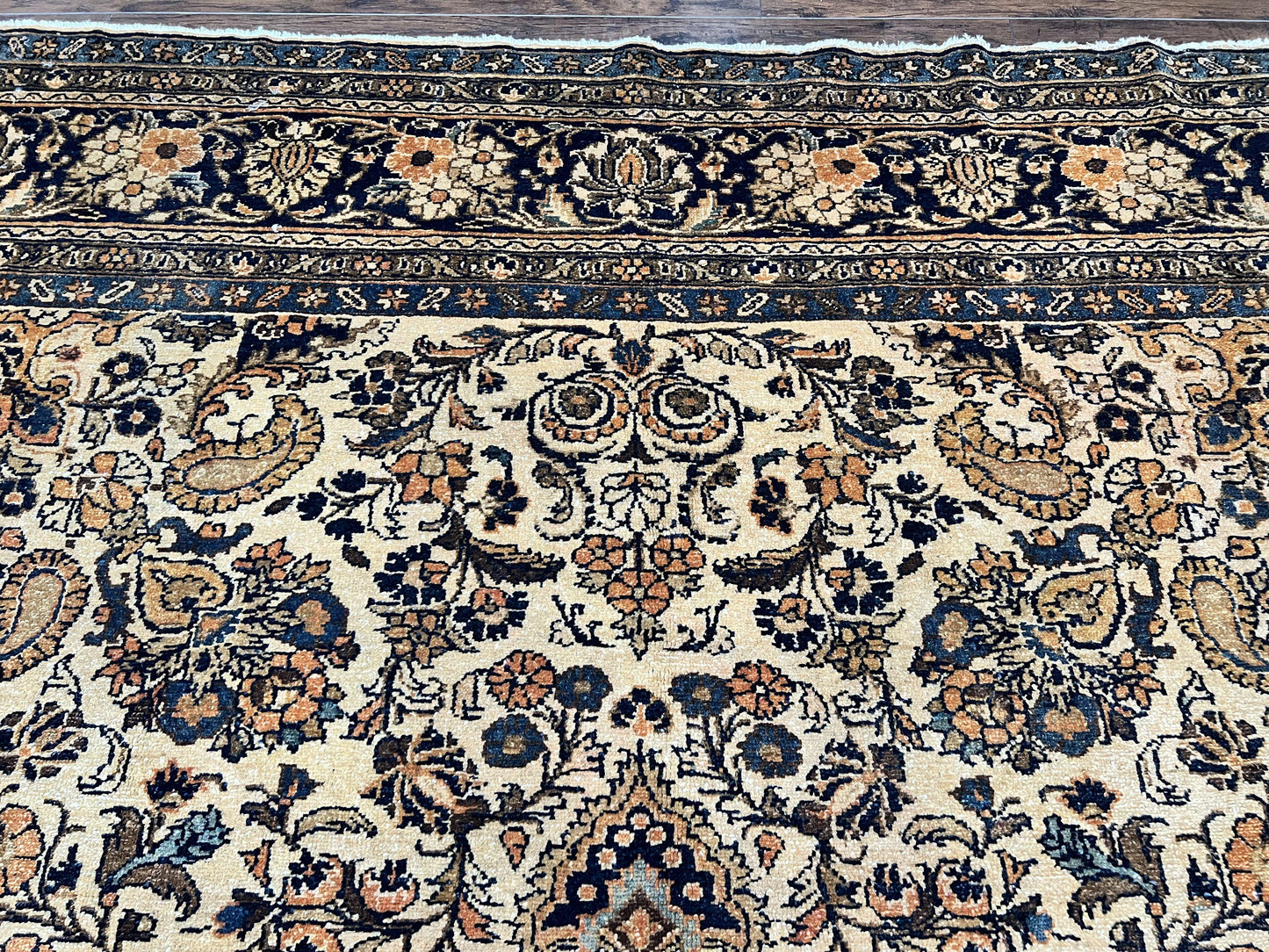 Antique Persian Rug 9x11, Wool Handmade 1920s Oriental Carpet, Persian Hamadan Anjelas Rug, Cream Black, Floral Allover Oriental Rug 9 x 11 Room Sized Rug-3