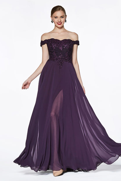 Off The Shoulder Lace Bodice Gown With Flowy Chiffon Bottom And Leg Slit In Lining.-6