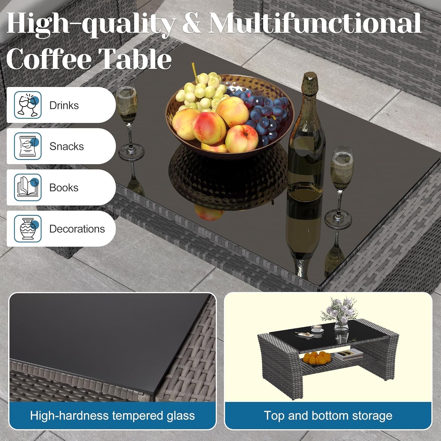 4 Piece Patio Furniture Sets, All-Weather Wicker Conversation Sets, Outdoor Rattan Sectional Sofa Chair with Cushions and Coffee Table for Balcony, Garden, Backyard,Grey/Light Grey-4