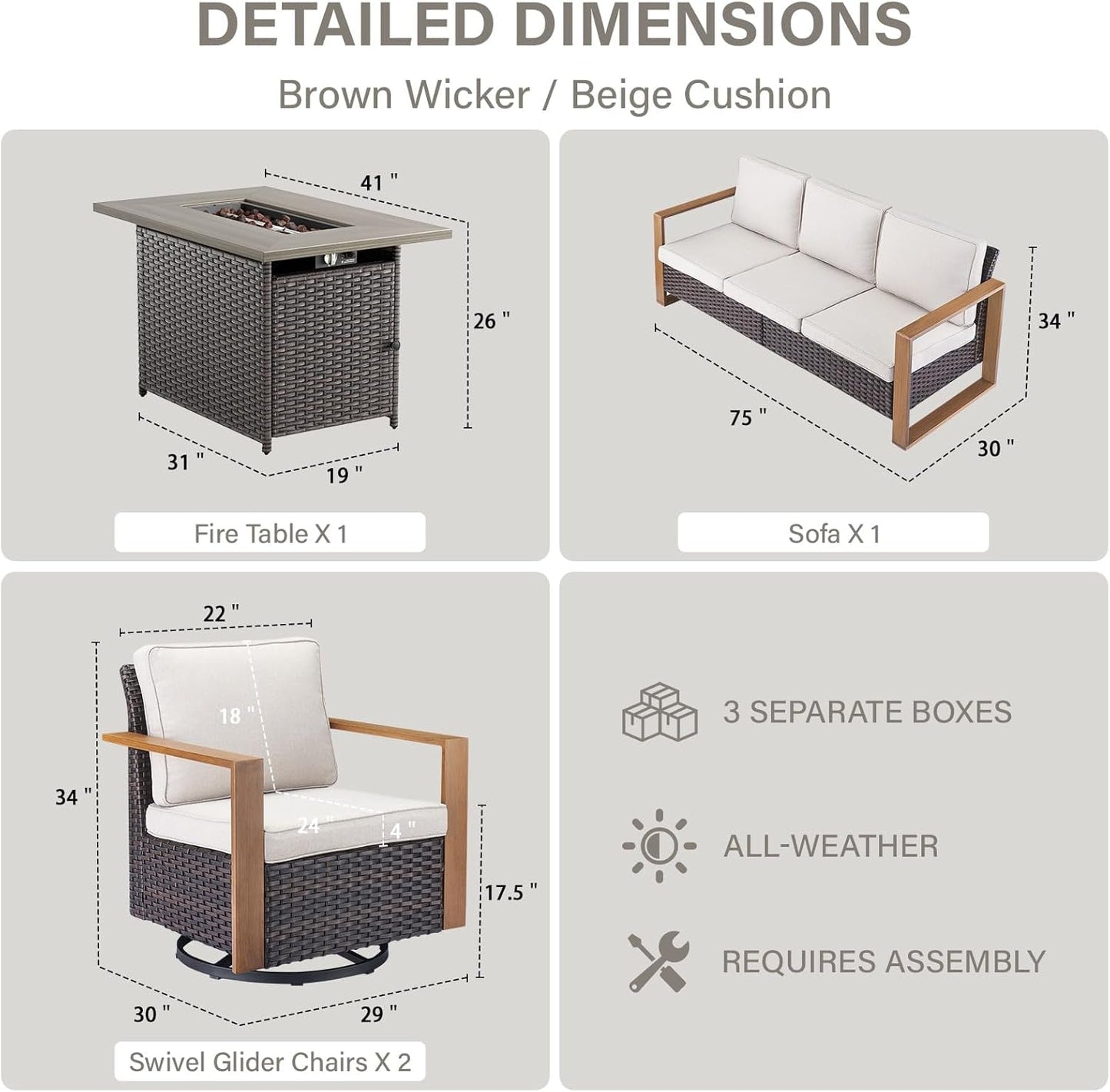 Full 4 Pieces Patio Furniture Set with 41” Propane Fire Pit Table, Outdoor Conversation Set with Swivel Glider Outdoor Chair Set of 2 and Rattan Sofa for Deck Backyard-1