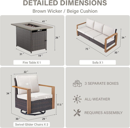 Full 4 Pieces Patio Furniture Set with 41” Propane Fire Pit Table, Outdoor Conversation Set with Swivel Glider Outdoor Chair Set of 2 and Rattan Sofa for Deck Backyard-1