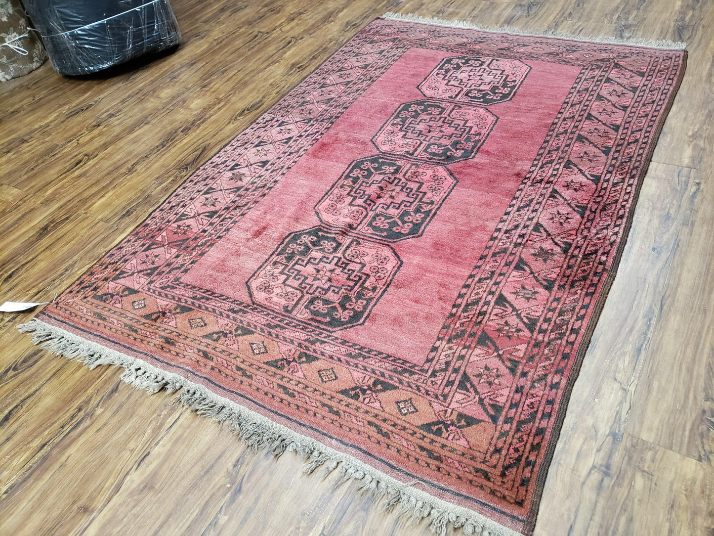 Antique Bukhara Area Rug, Vintage Afghan Bokhara Bashir Rug, 4x6 Hand-Knotted Oriental Carpet, Red & Black Wool Rug, 4' x 5'9-1