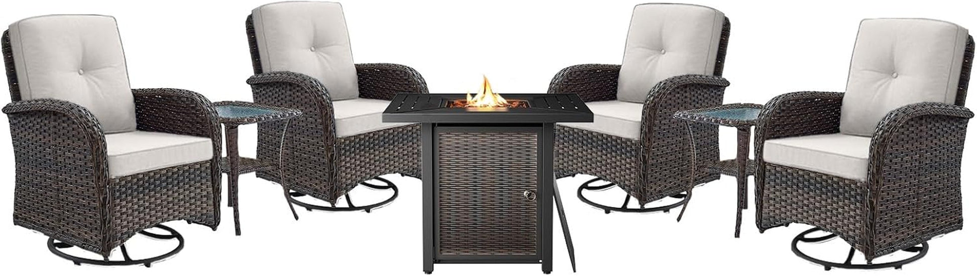 7 Pieces Patio Furniture Set with Fire Pit Table - 4 Outdoor Swivel Rocker Chairs with 50000BTU Propane Fire Table and 2 Side Table, Outdoor Conversation Set for Casual Gathering Brown-0