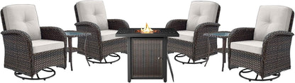 7 Pieces Patio Furniture Set with Fire Pit Table - 4 Outdoor Swivel Rocker Chairs with 50000BTU Propane Fire Table and 2 Side Table, Outdoor Conversation Set for Casual Gathering Brown-0